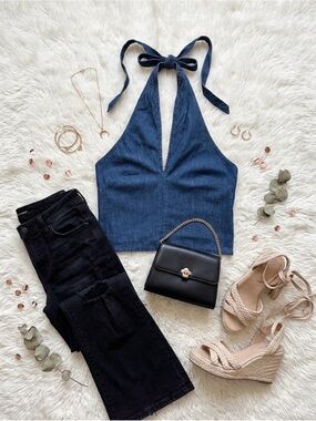 Denim Tie-Halter Crop Top in Blue